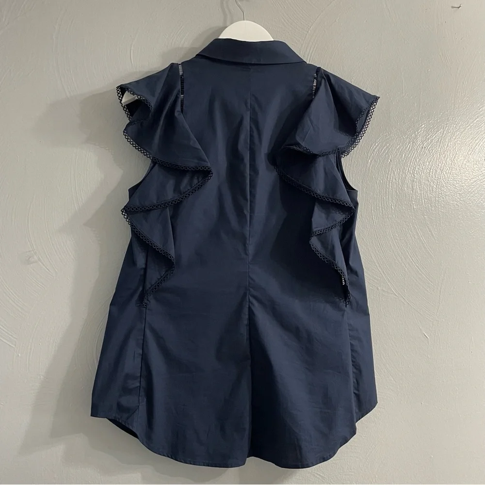 Pearl Navy Ruffle Sleeveless Button-Front Blouse - Picture 7 of 14